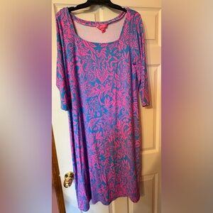 Lilly Pulitzer Coral Pink and Bluish/Teal Floral Scoop Neck Dress size XL